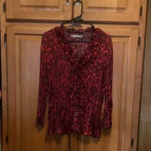 Larry Levine Floral Ruffle Blouse in Red and Black